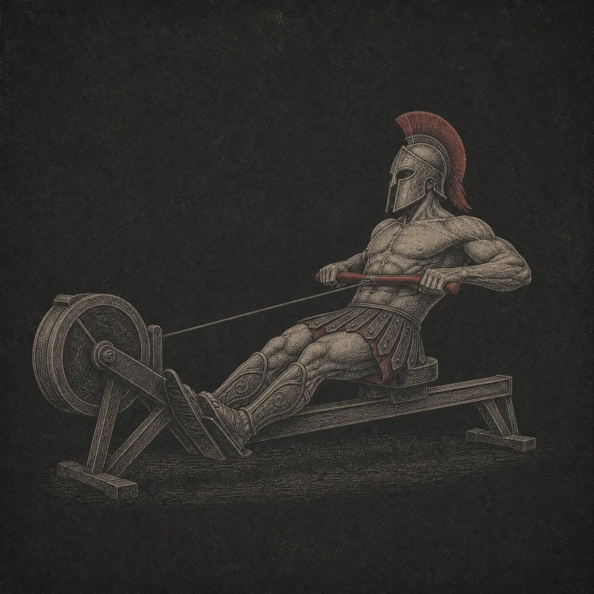 Engraved illustration of a Spartan warrior at the finish of a rowing stroke, leaned back with the handle at his chest