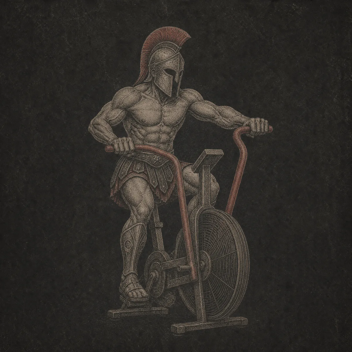 Engraved illustration of a Spartan warrior riding an air bike, hands on the moving arms
