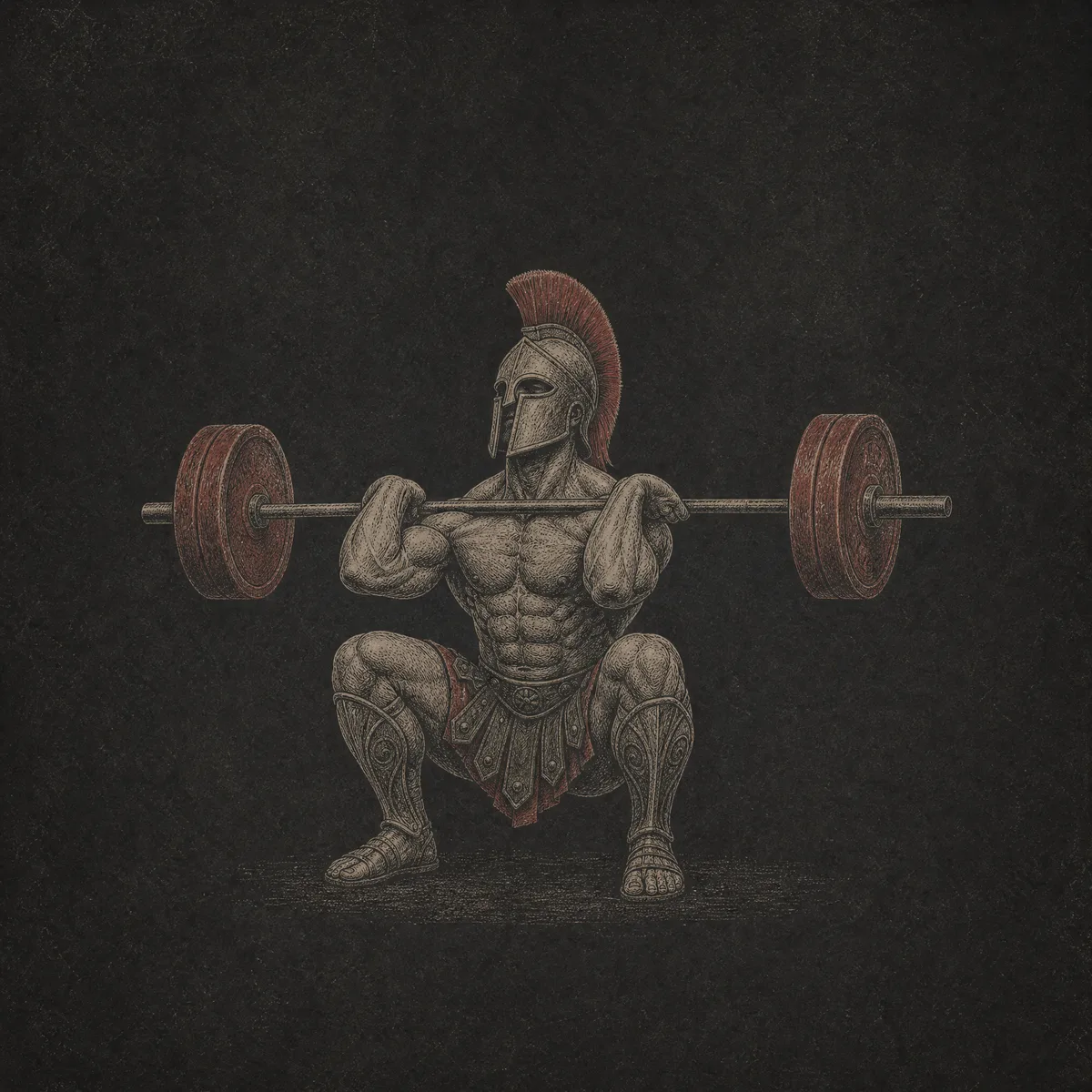 Engraved illustration of a Spartan warrior at the bottom of a front squat, barbell racked across his shoulders