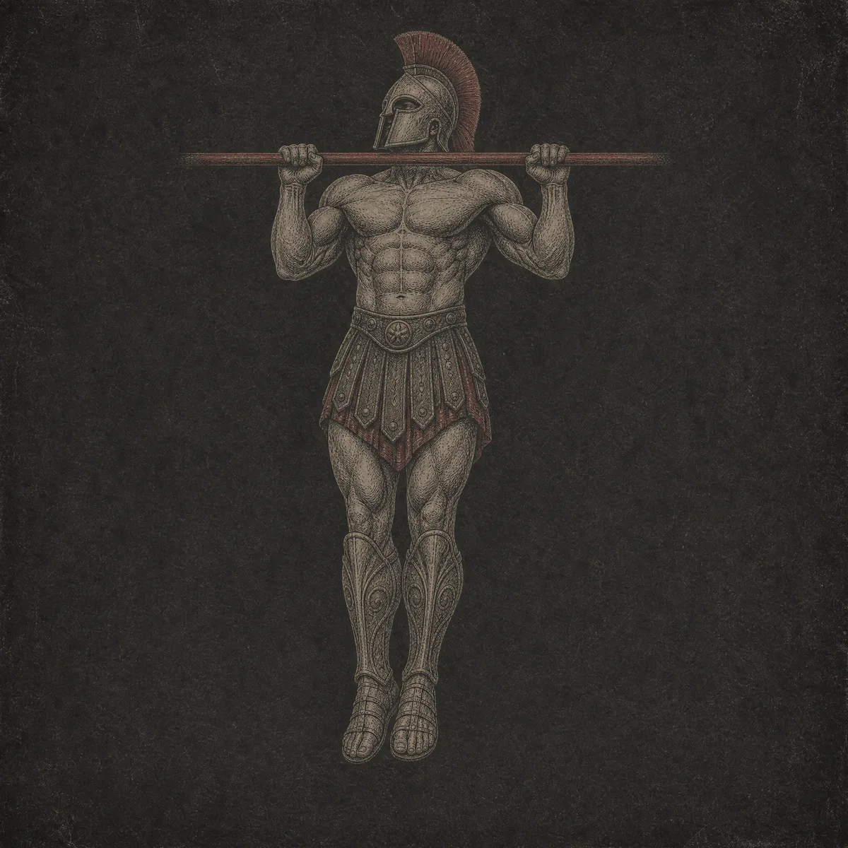 Engraved illustration of a Spartan warrior at the top of a strict pull-up, chin over the bar