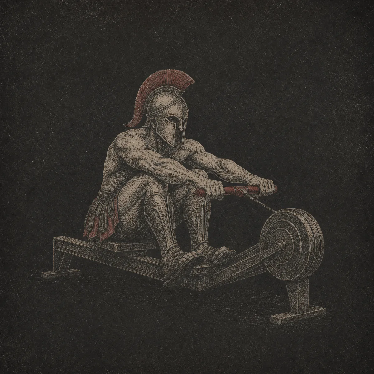 Engraved illustration of a Spartan warrior compressed at the catch of a rowing stroke, ready to drive
