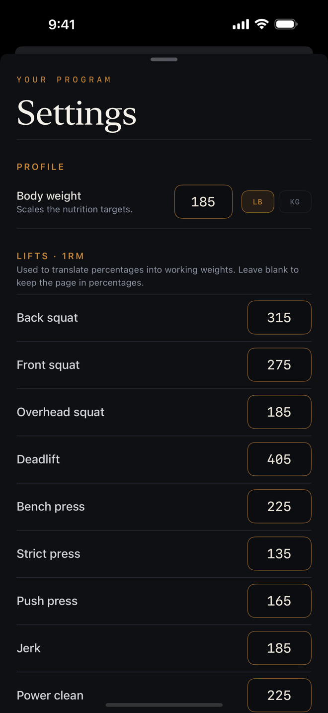 Fit for Sparta — Settings