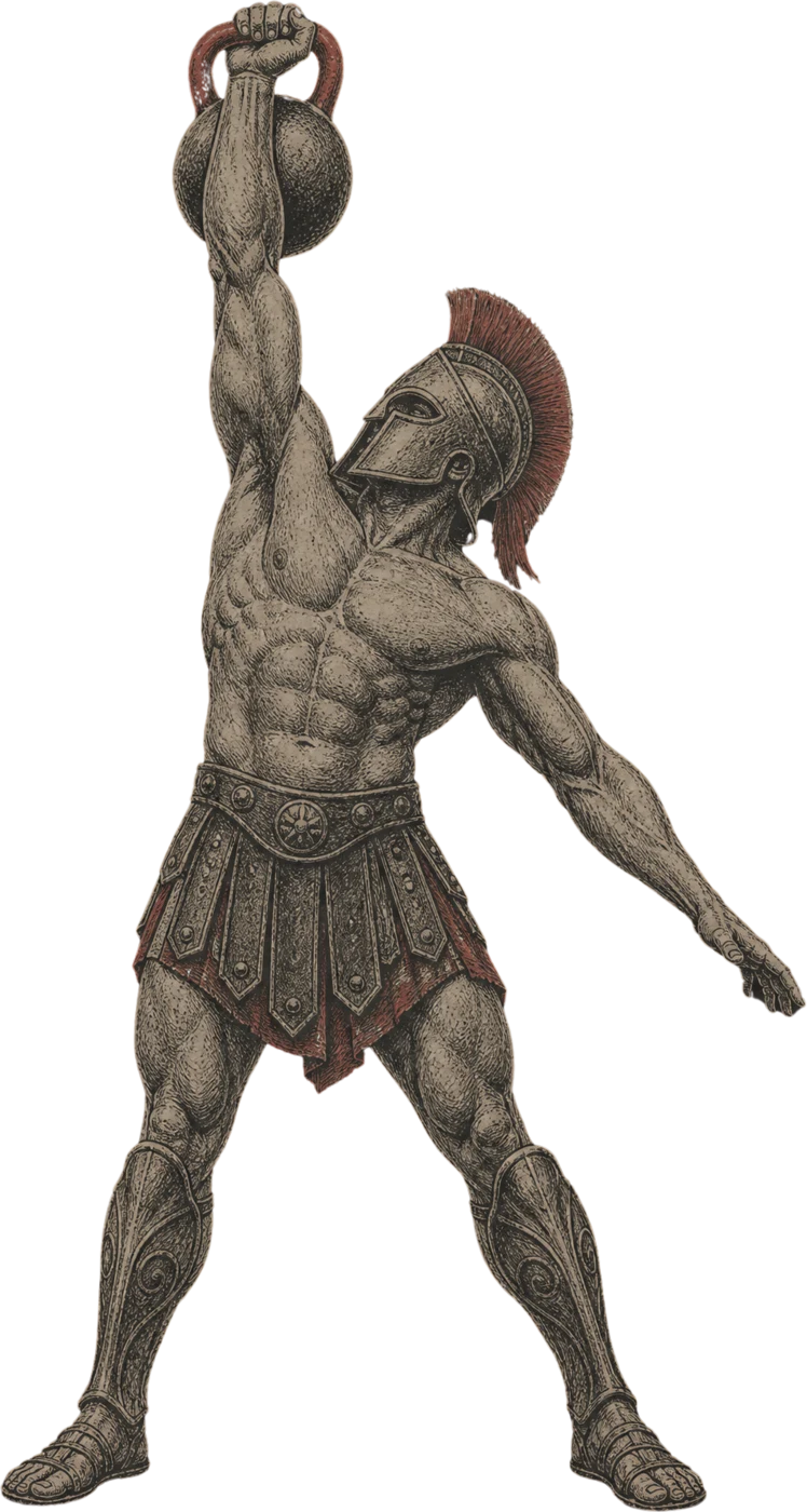 Engraved illustration of a Spartan warrior locking a kettlebell out overhead — the top of a Turkish get-up